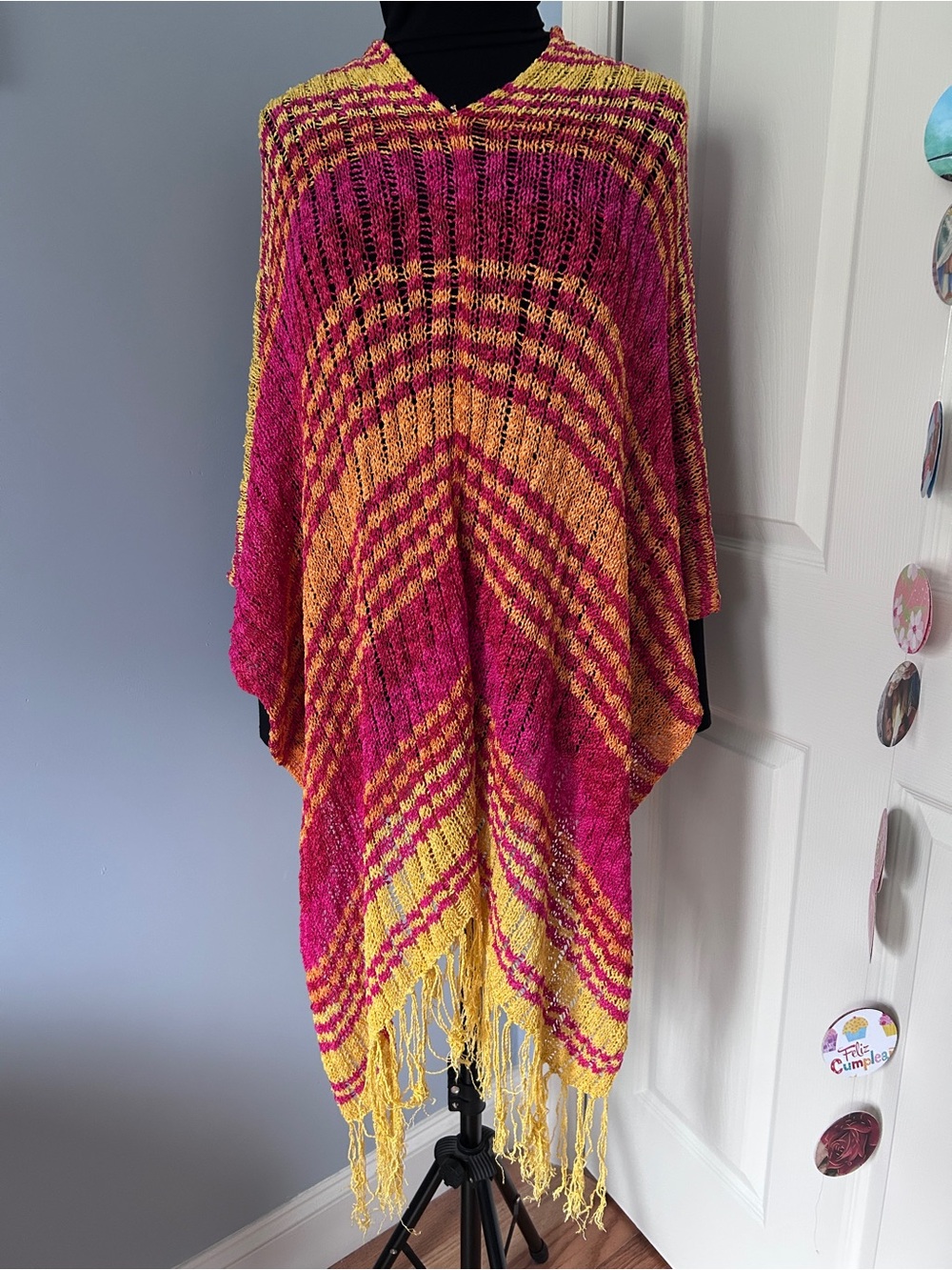 Open-Knit Fuchsia and Yellow Fringe Poncho Sweater